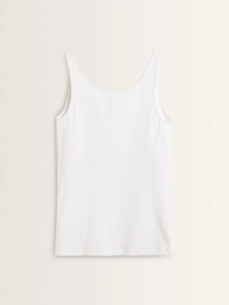 Wunderlove White Ribbed Textured Cotton Blend Camisole