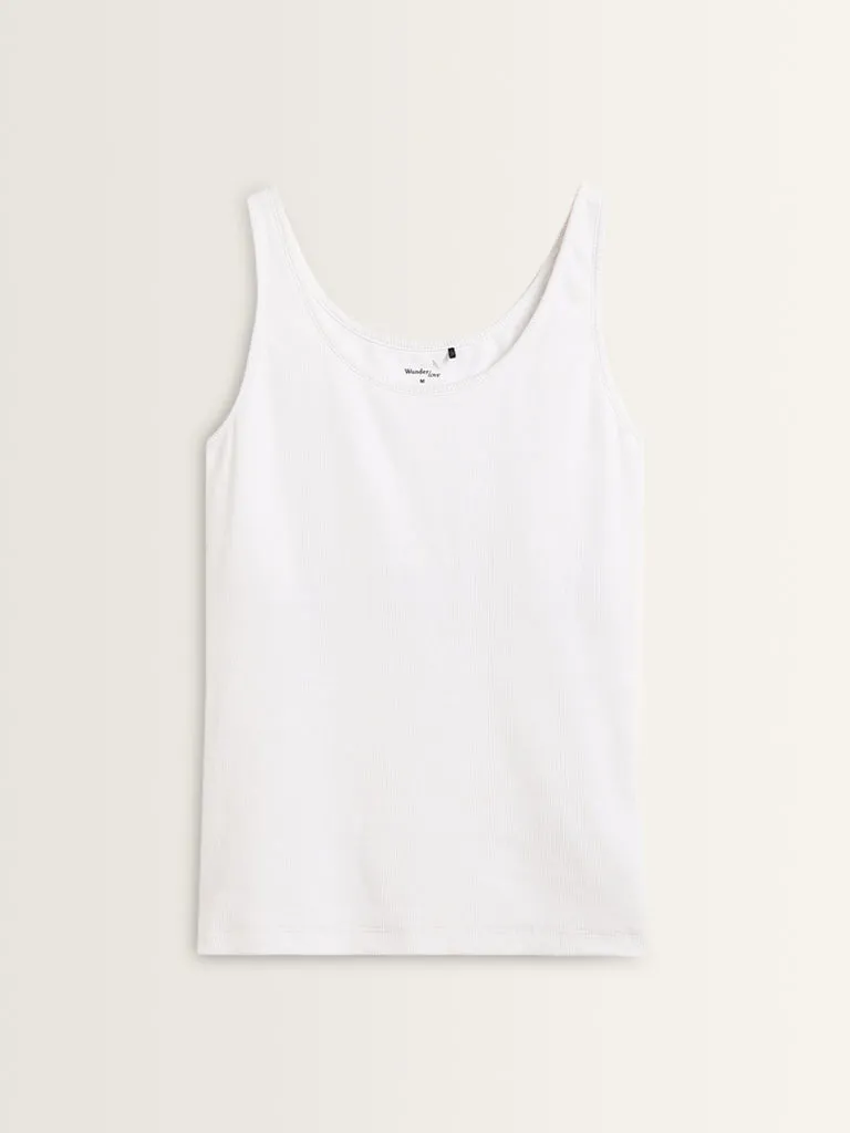 Wunderlove White Ribbed Textured Cotton Blend Camisole